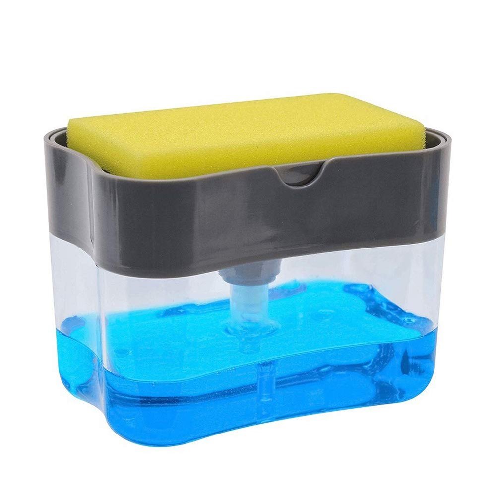 Brussels Kitchen Dishwashing Soaps Dispenser with Sponge Holder, Manual Press Dishwasher Detergent Liquid Pump Dispenser Box with Sponge Cleaning Pad Grey