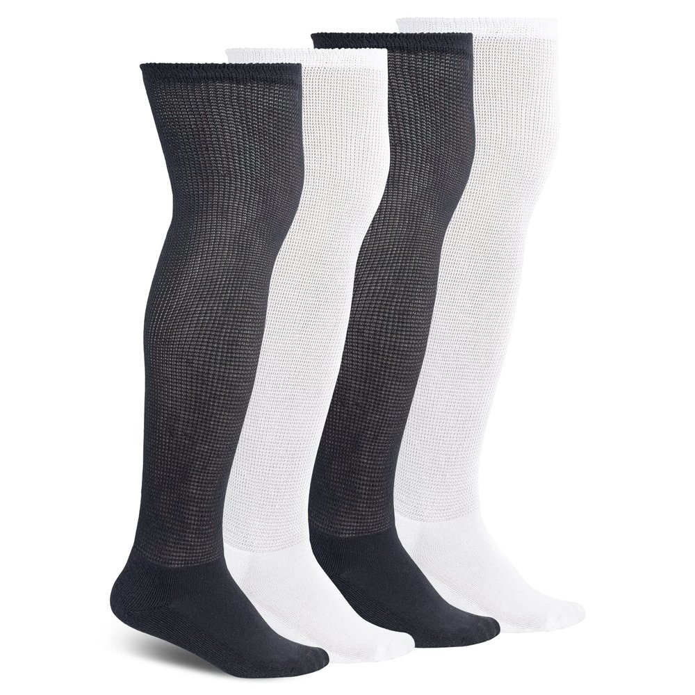 Athlemo Non-Binding Over The Knee Diabetic Socks for Men, 4 Pairs Circulatory Socks with Cushion Soles, 2black/2white(4 Pairs), 10-13