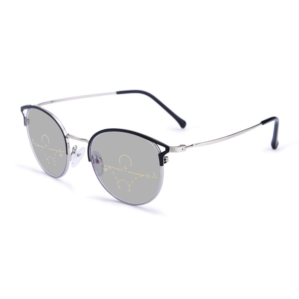 H&RB Progressive Multifocal Photochromic Reading Glasses for Women, Fashionable Cat Ears Frame Clear Lenses Dual-Use UV Protection Presbyopic Glasses,Silver,+1.0