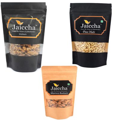 Jaiccha Ghasitaram Diwali Gifts Pack of 3 Premium Dryfruits Pinenuts, Mamro Almonds and Walnuts