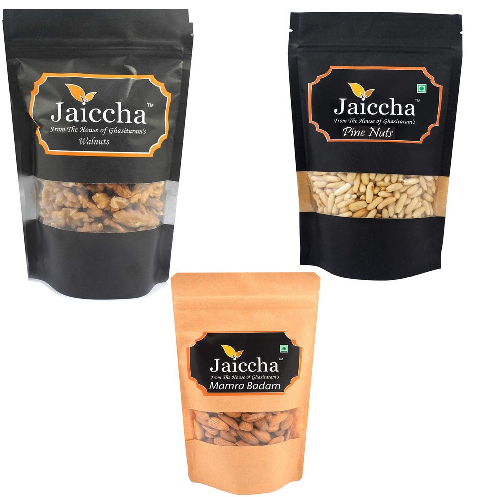 Jaiccha Ghasitaram Diwali Gifts Pack of 3 Premium Dryfruits Pinenuts, Mamro Almonds and Walnuts