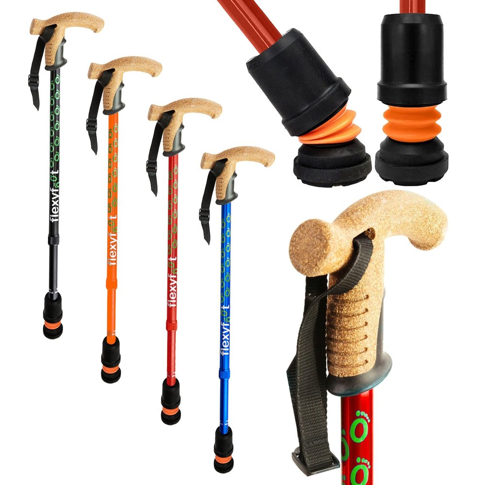 Flexyfoot Shock Absorbing Cork Handle Walking Stick - Improved Comfort, Improved Grip, Improved Safety Colour: Red