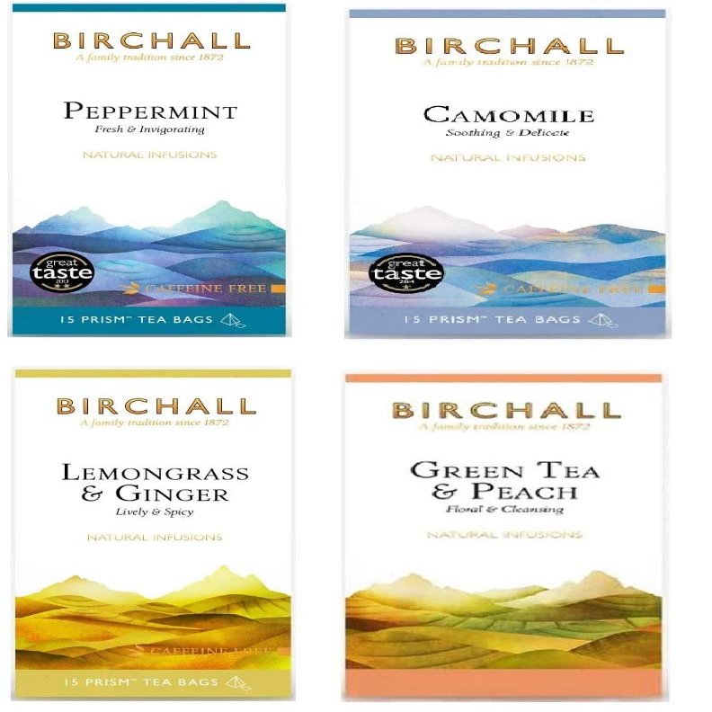 Birchall Tea- Pack of 4 Tea Bags with Flavors of Peppermint, Camomile, Lemon Grass & Ginger, and Green Tea & Peach Tea -Tea Bags Bulk of 60 bags free from Prism teabags- A Delicious & Strong Flavor