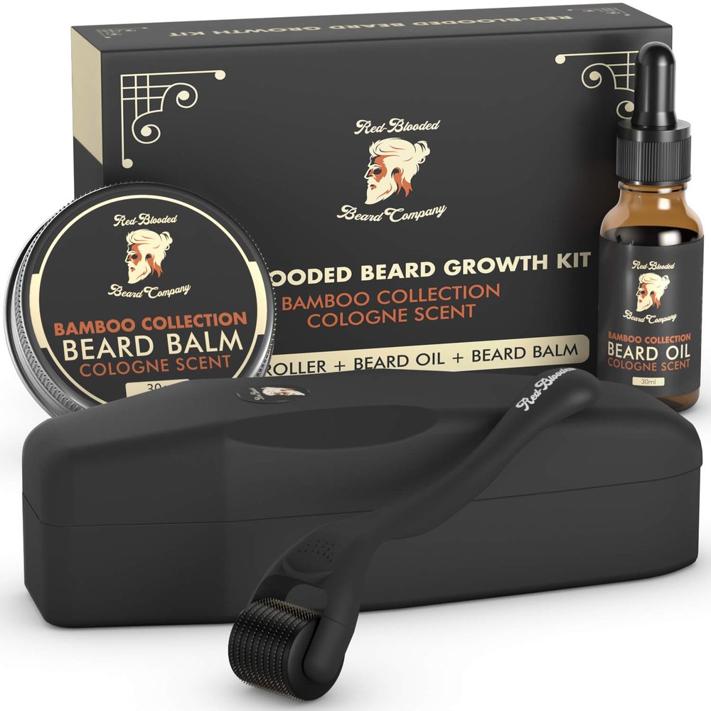 Red-Blooded Beard Growth Kit with Beard Roller Oil & Balm