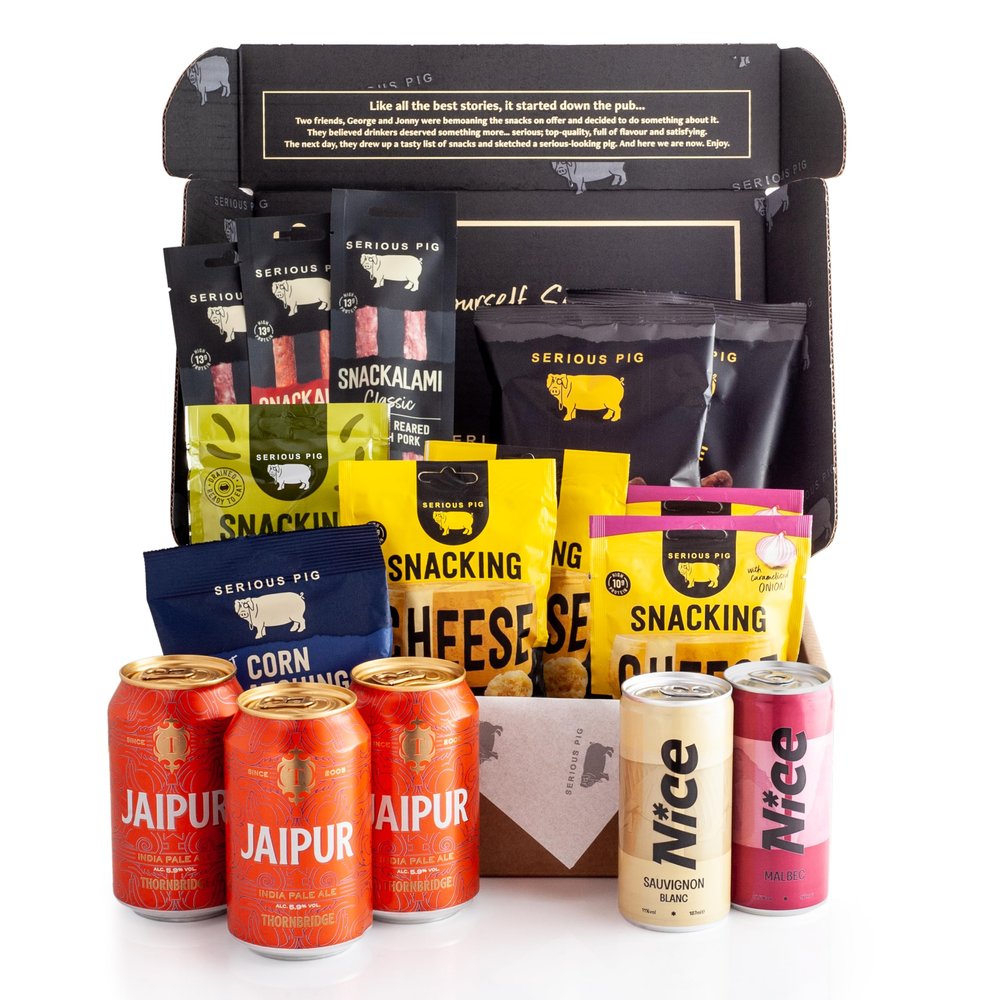 Serious Pig | Pub In The Post | With Craft Beer, Wine, Crunchy Baked Italian Cheese, Salami, Pickled Gherkins & More | Gift Hamper (16 Packs)