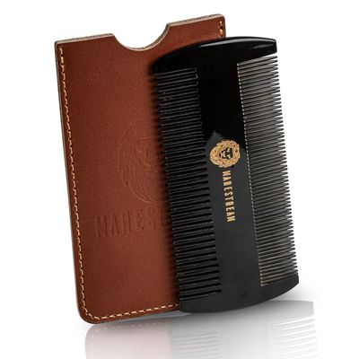 Premium 100% Oxhorn Dual-Action Beard Comb with Genuine Leather Case  the Perfect Beard Grooming Gift for Men by Man & Mane.