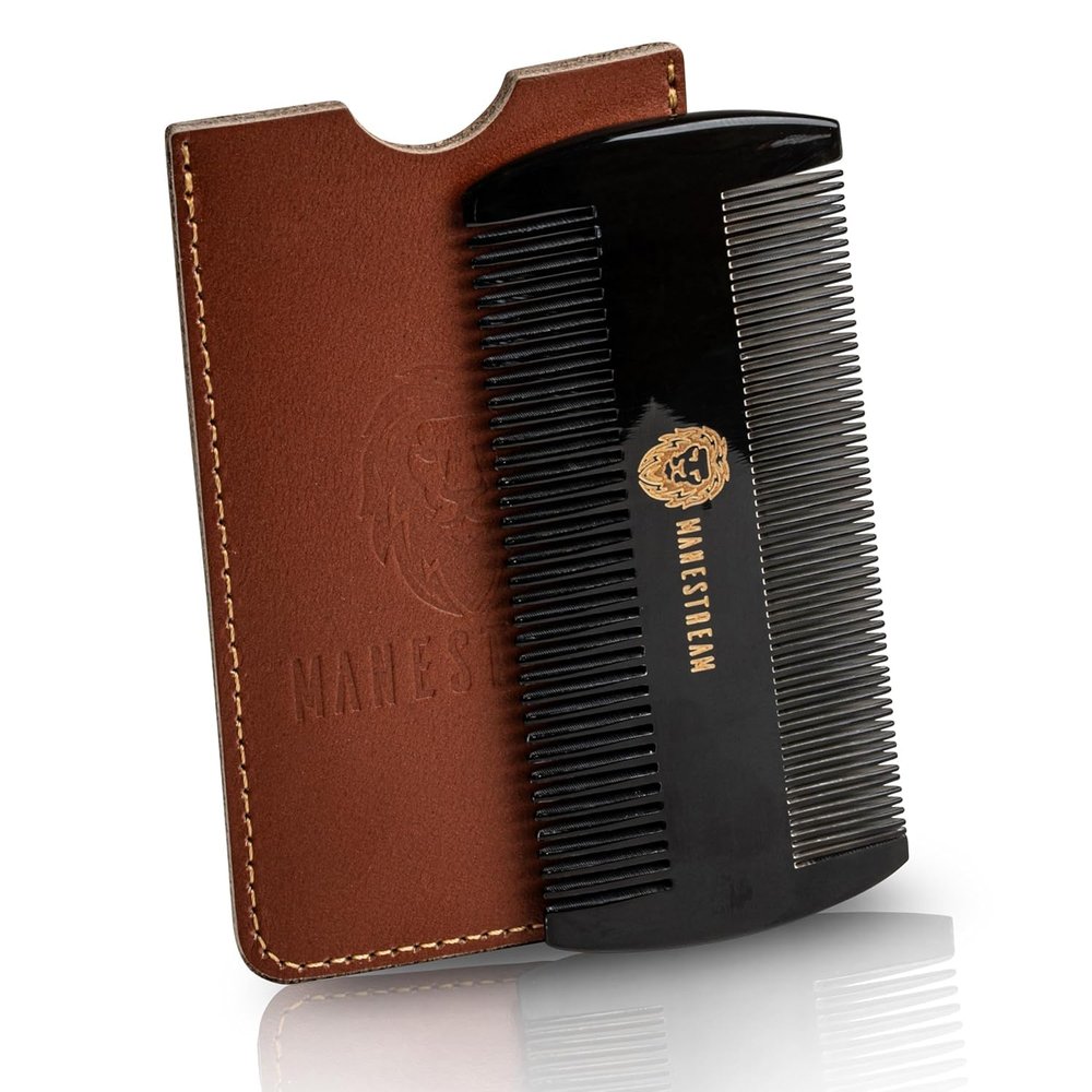 Premium 100% Oxhorn Dual-Action Beard Comb with Genuine Leather Case the Perfect Beard Grooming Gift for Men by Man & Mane.