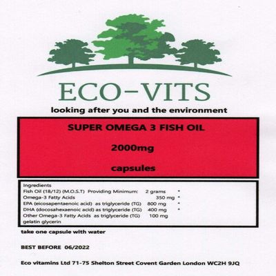 ECO-VITS Super Omega 3 Fish Oil (2000MG) 120 CAPS. Biodegradable Packaging. Sealed Pouch