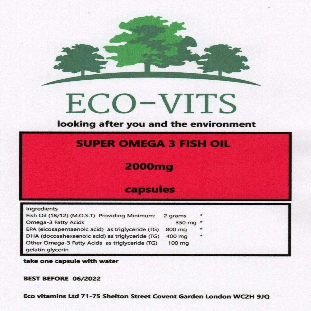 ECO-VITS Super Omega 3 Fish Oil (2000MG) 120 CAPS. Biodegradable Packaging. Sealed Pouch
