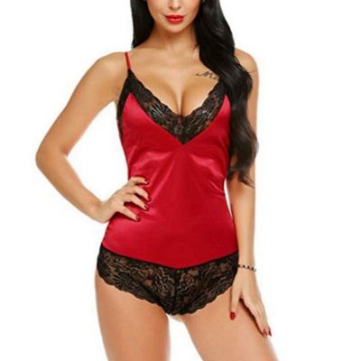 adqw Sexy Lingerie Lace Perspective Babydoll Dress Nightwear -Red_S
