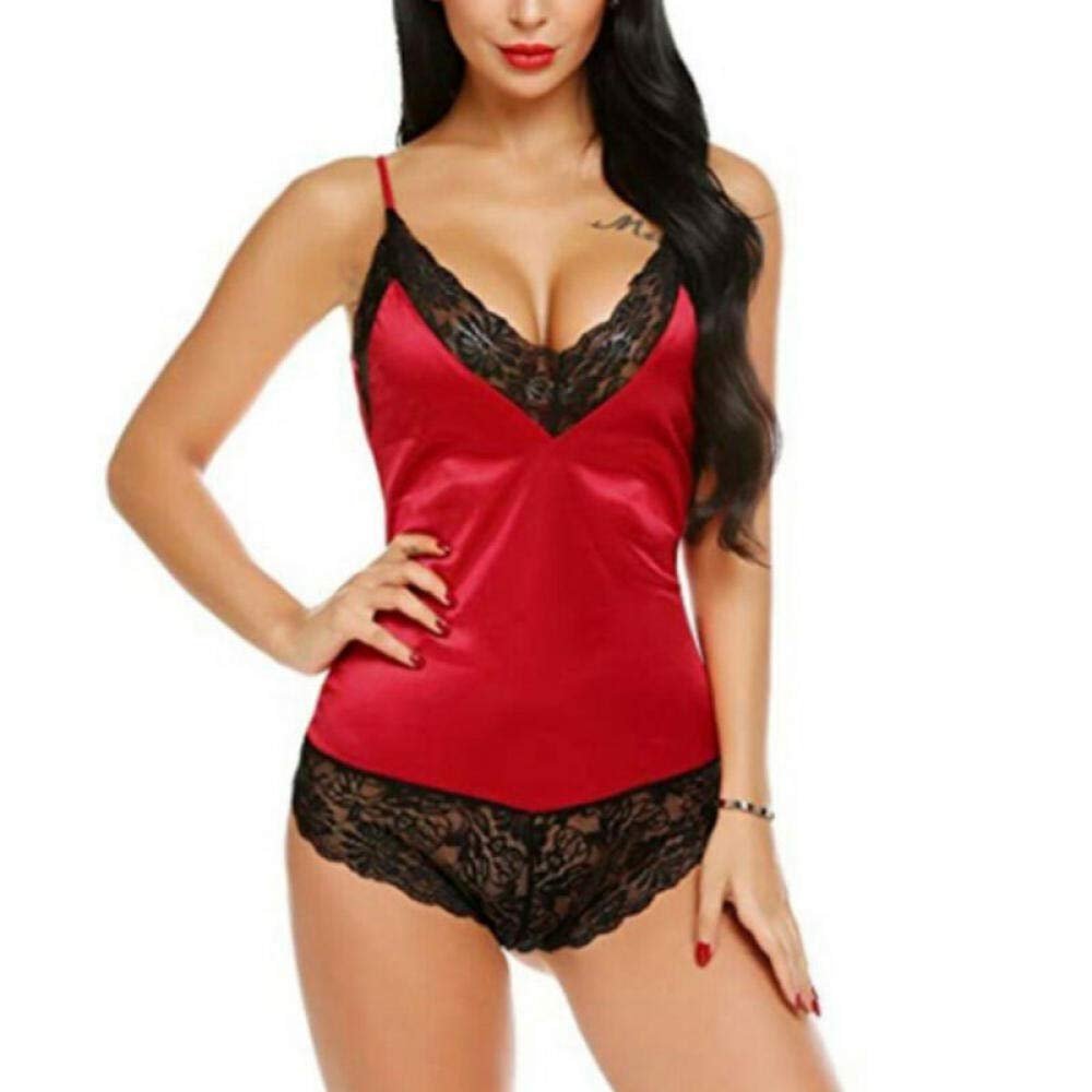 adqw Sexy Lingerie Lace Perspective Babydoll Dress Nightwear -Red_S