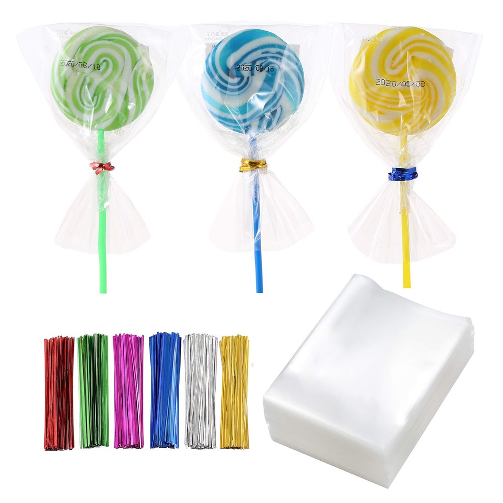 400PCS 3" x 4" Thick Clear Cello Poly Treat Bags with 6 Mix Colors Twist Ties Packing Bakery Popcorn Cookies Candies Dessert Durable Cellophane Bags