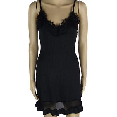 adqw Women Sexy Dresses Lace Deep V Neck Dress-Black_L