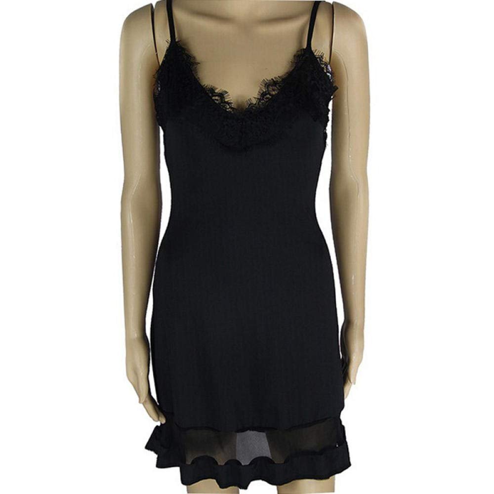 adqw Women Sexy Dresses Lace Deep V Neck Dress-Black_L