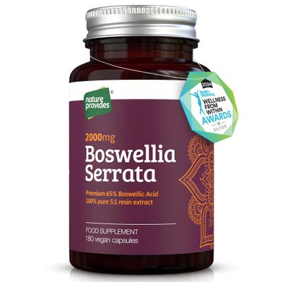 Boswellia Serrata Capsules/Tablets (2000mg 5:1 Extract) Made in UK by Nature Provides - 180 Vegan Caps, 6 Months Supply, 65% Boswellic Acid, Indian Frankincense, Joint Support, Anti-Inflammatory