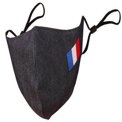 Touchstone French Flag embroidered 3 layer medium size cotton face masks reusable machine washable adjustable for men, women. (Pack of 1). Dark Denim Grey