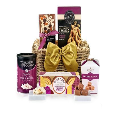 Premium Food Hamper - Montpellier Gift Basket with Cheddar Cheese Twists, Salt & Sweet Popcorn, Chocolate Bar, Fudge - Food Gifts for Him and Her, from Regency Hampers