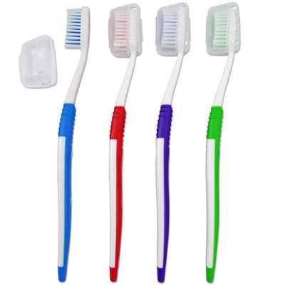 4 x Adult Toothbrushes with Covers ~ Family Bulk Pack 4 Colours ~ Medium Firm Bristles