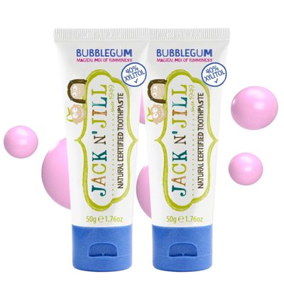 Jack N Jill Natural Certified Kids Toothpaste  Fluoride-Free Toddler & Baby Toothpaste with 40% Xylitol, No Sugar, Suitable from 6 Months+, Organic Bubblegum Flavour, Pack of 2 (50g Each)