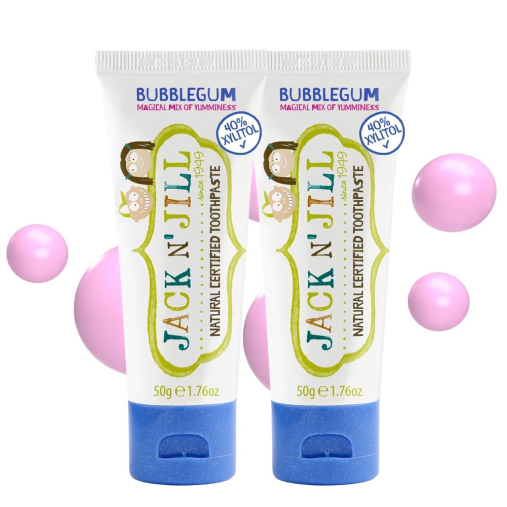 Jack N Jill Natural Certified Kids Toothpaste  Fluoride-Free Toddler & Baby Toothpaste with 40% Xylitol, No Sugar, Suitable from 6 Months+, Organic Bubblegum Flavour, Pack of 2 (50g Each)
