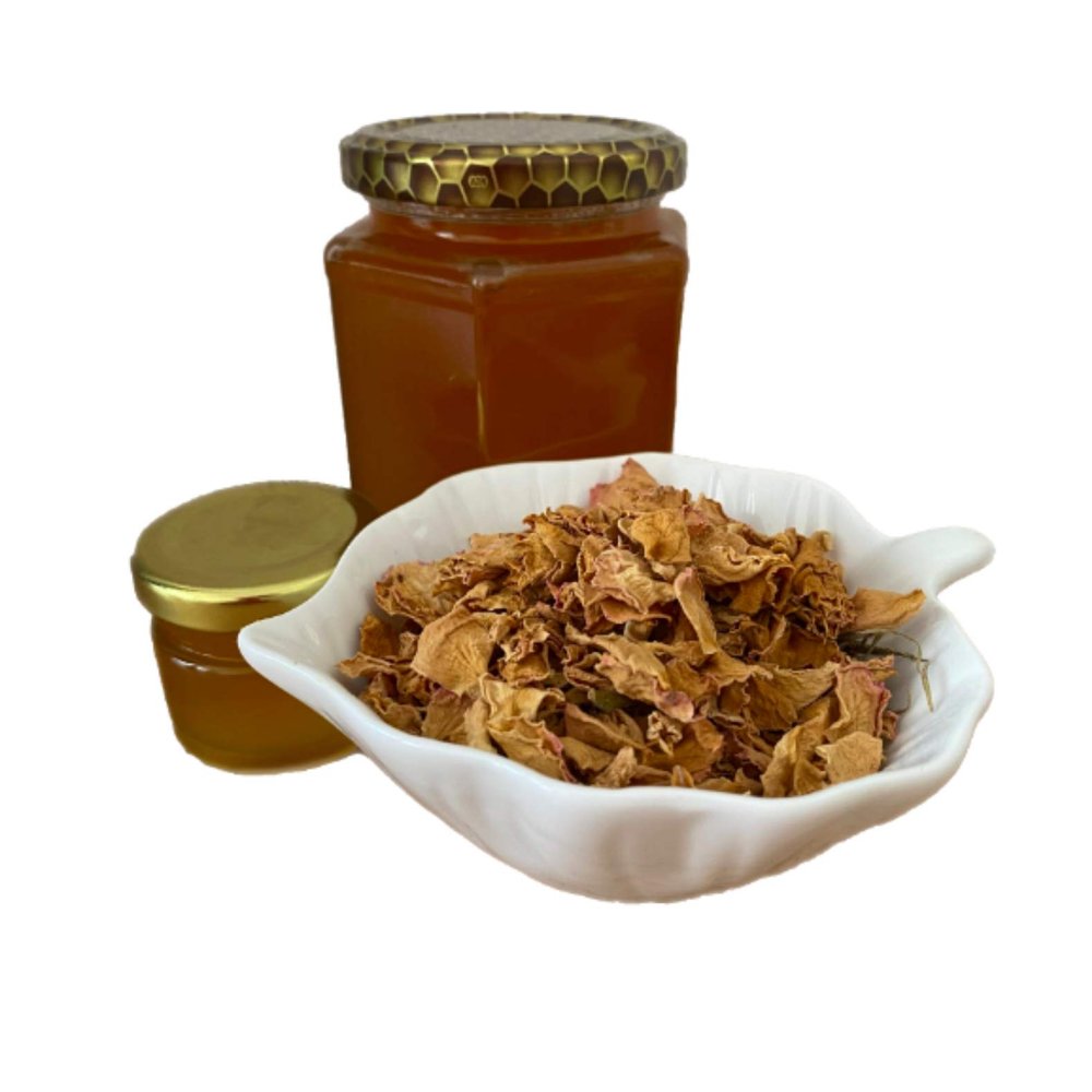 100% Pure Organic Honey Raw 420g + Propolis cream 45g + 3 packs tea of Rose Damask (Rosa Damascene) Petals, New Wild Harvest Vegetarian Economy Pack Glass Jar, UNFILTERED, UNHEATED, UNPASTEURISED