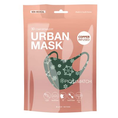 Basic Sense CHRISTMAS Copper Ion Infused Washable Reusable Face Coverings Masks Made In South Korea (Snowflake - Green)