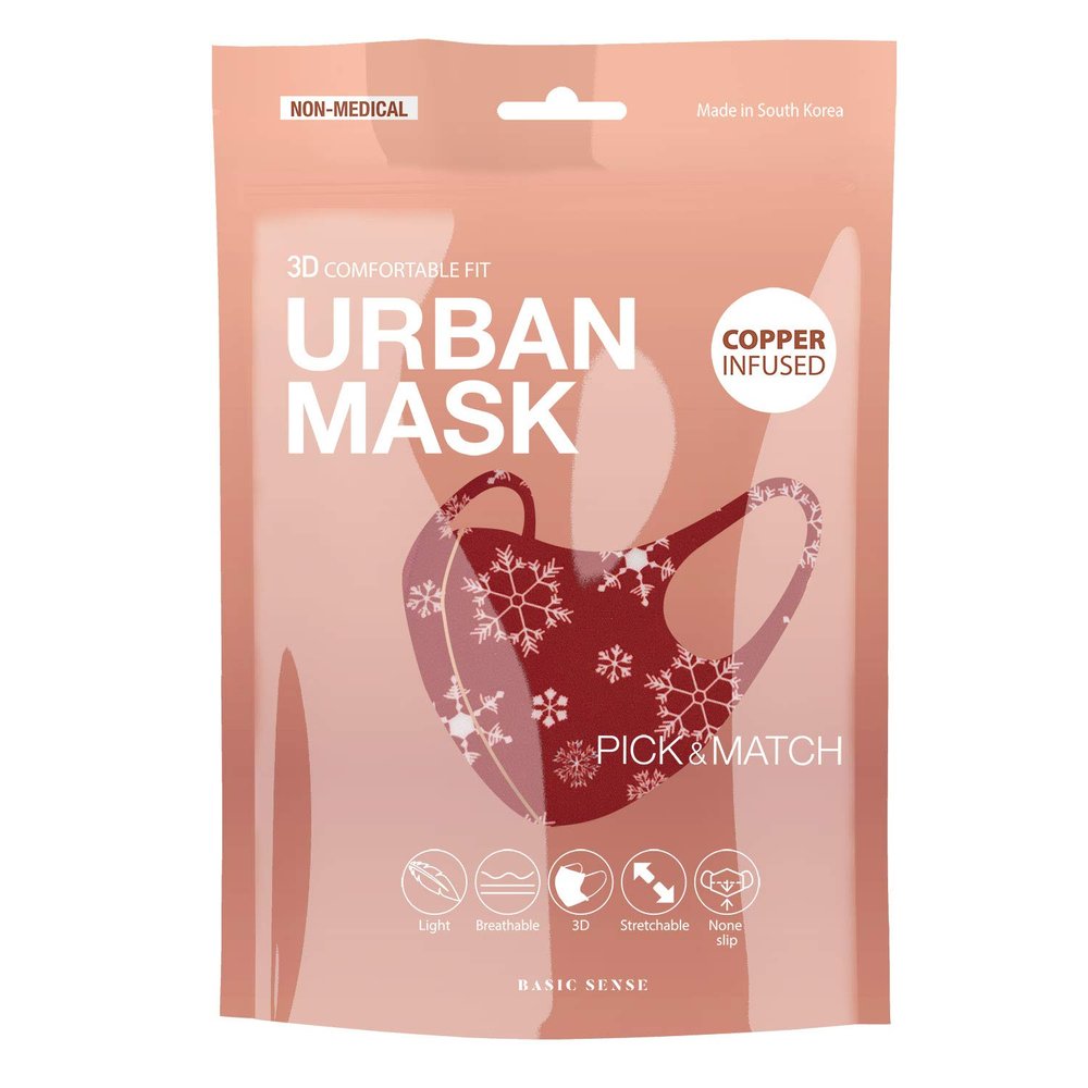 Basic Sense CHRISTMAS Copper Ion Infused Washable Reusable Face Coverings Masks Made In South Korea (Snowflake - Red)