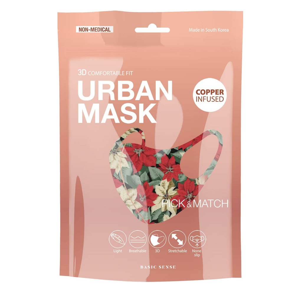 Basic Sense CHRISTMAS Copper Ion Infused Washable Reusable Face Coverings Masks Made In South Korea (Poinsetta - Red)