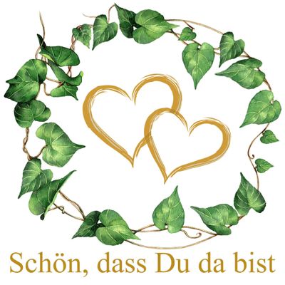 20 serviettes, green leaves around hearts, gold, "Schn dass du da bist", wedding, 33 x 33 cm