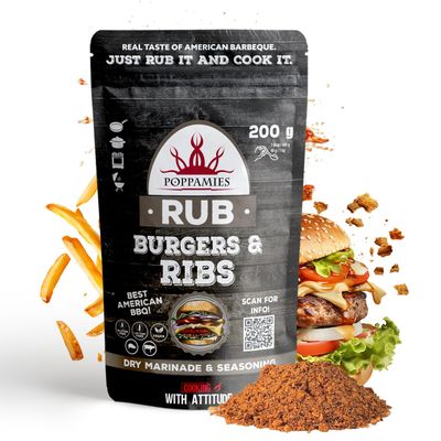 Poppamies Burgers & Ribs BBQ Rub, Dry Marinade & Seasoning Perfect for Beef, Pork - Great in The Grill, Oven, Boiler and Pan - Best American Barbecue- Large Pack (200g)