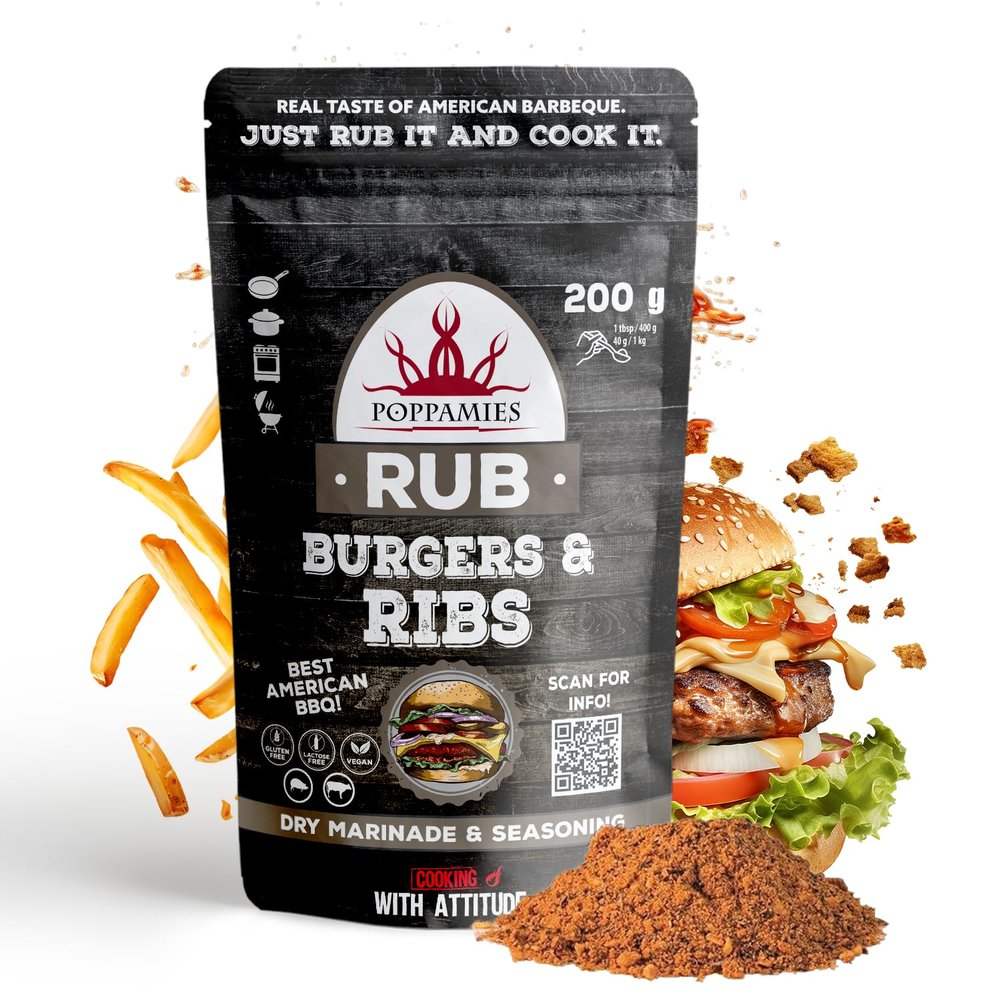 Poppamies Burgers & Ribs BBQ Rub, Dry Marinade & Seasoning Perfect for Beef, Pork - Great in The Grill, Oven, Boiler and Pan - Best American Barbecue- Large Pack (200g)