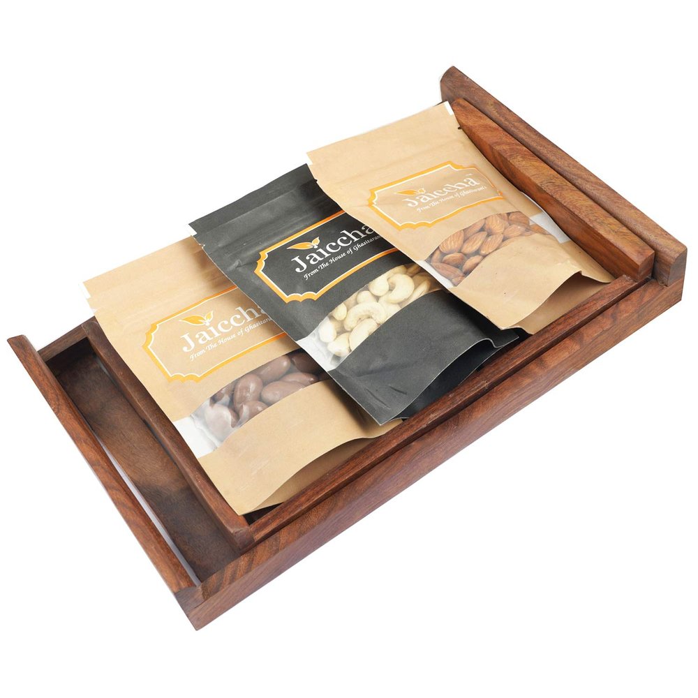 Jaiccha Ghasitaram Set of 2 Striped Wooden Trays Cashews,Almonds and Chocolate Coated Almonds |Diwali,Holi,Rakhi,Valentine,Christmas,Birthday,Anniversary,Gift for Her,Him,Mothers Day,Fathers Day|