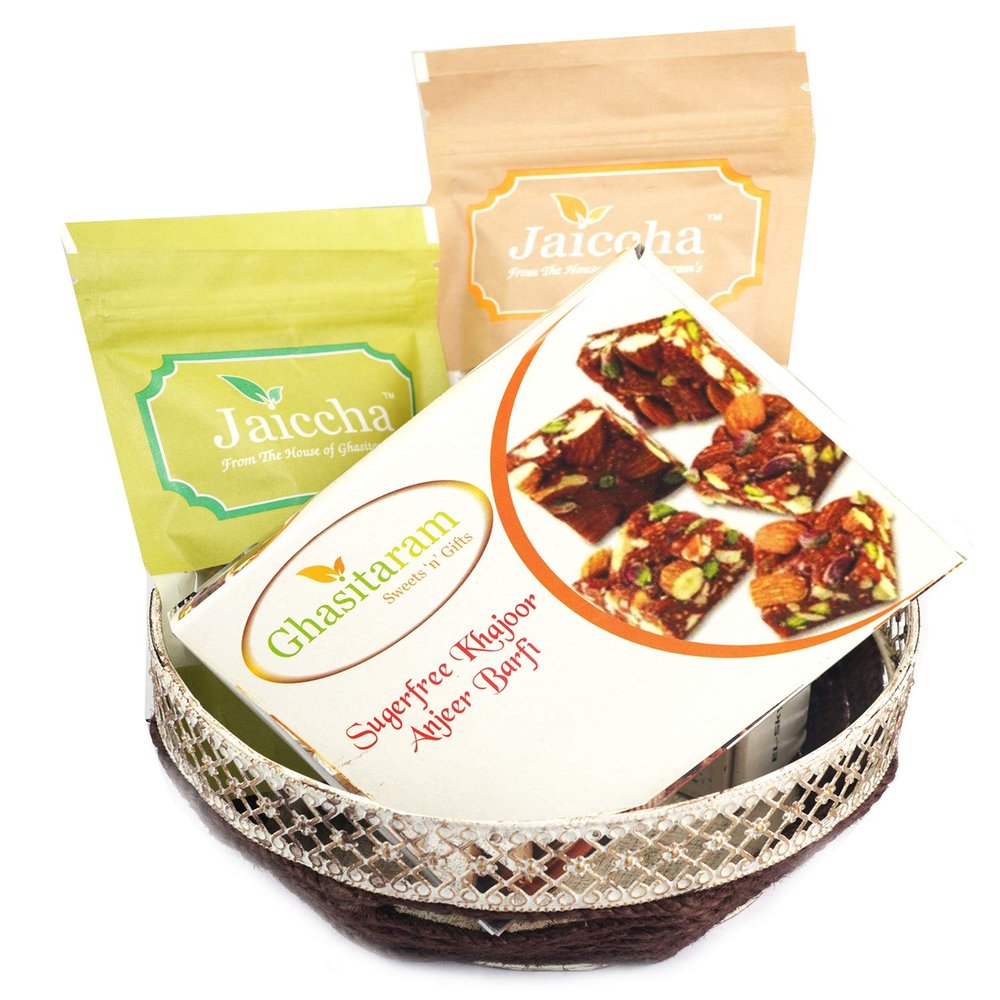 Ghasitaram Gifts Diwali Gifts Round Basket of Almonds, Raisins and Sugarfree Bites