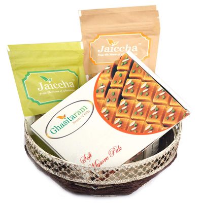 Ghasitaram Gifts Diwali Gifts Round Basket of Almonds, Raisins and Mysore Pak