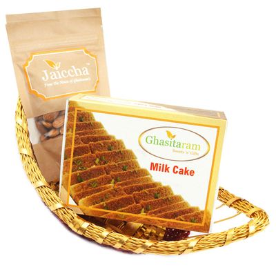 Ghasitaram Gifts Diwali Gifts - Boat Basket of Milk Cake and Almonds|Diwali,Holi,Rakhi,Valentine,Christmas,Birthday,Anniversary,Gift for Her,Him,Mothers Day,Fathers Day|