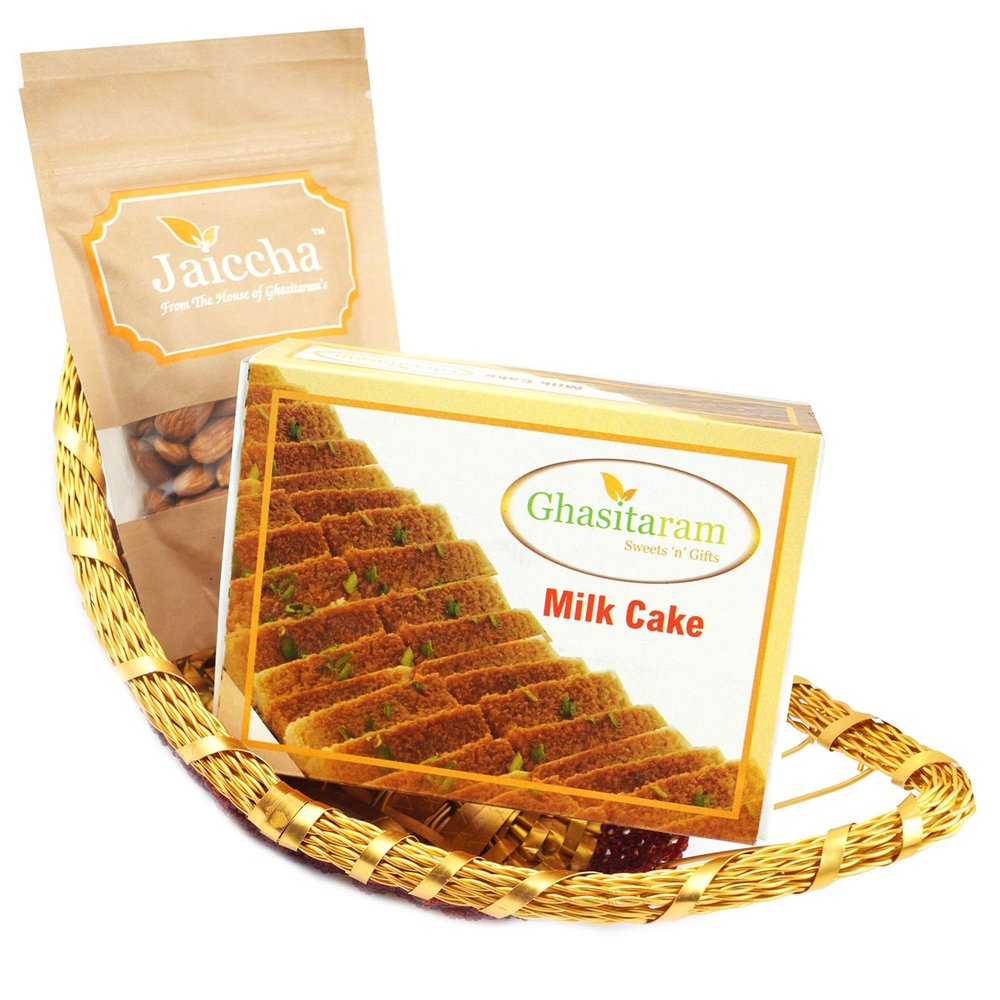 Ghasitaram Gifts Diwali Gifts - Boat Basket of Milk Cake and Almonds|Diwali,Holi,Rakhi,Valentine,Christmas,Birthday,Anniversary,Gift for Her,Him,Mothers Day,Fathers Day|