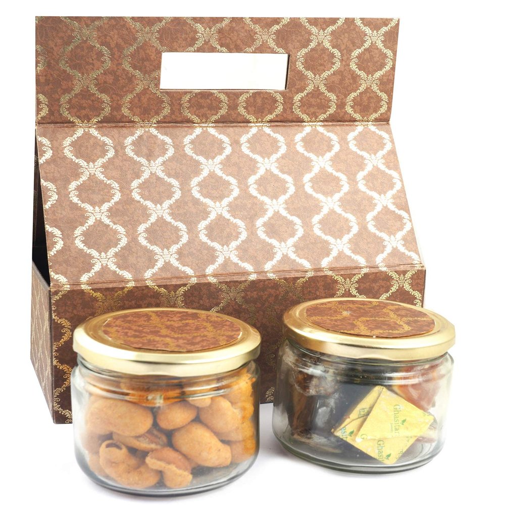 Ghasitaram Gifts Diwali Gifts - 2 Jars Bag Box of Assorted Bites and Barbeque Cashews |Diwali,Holi,Rakhi,Valentine,Christmas,Birthday,Anniversary,Gift for Her,Him,Mothers Day,Fathers Day|