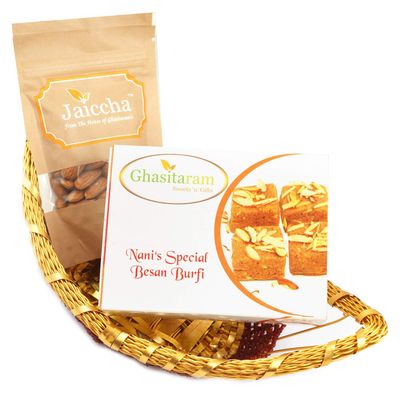 Ghasitaram Gifts Diwali Gifts - Boat Basket of Besan Barfi and Almonds|Diwali,Holi,Rakhi,Valentine,Christmas,Birthday,Anniversary,Gift for Her,Him,Mothers Day,Fathers Day|