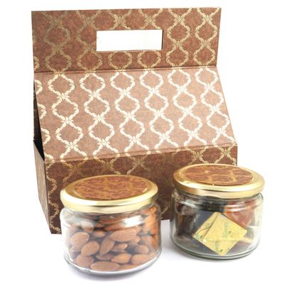 Ghasitaram Gifts Diwali Gifts - 2 Jars Bag Box of Assorted Bites and Almonds |Diwali,Holi,Rakhi,Valentine,Christmas,Birthday,Anniversary,Gift for Her,Him,Mothers Day,Fathers Day|