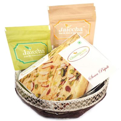 Ghasitaram Gifts Diwali Gifts Round Basket of Almonds, Raisins and Soan Papdi