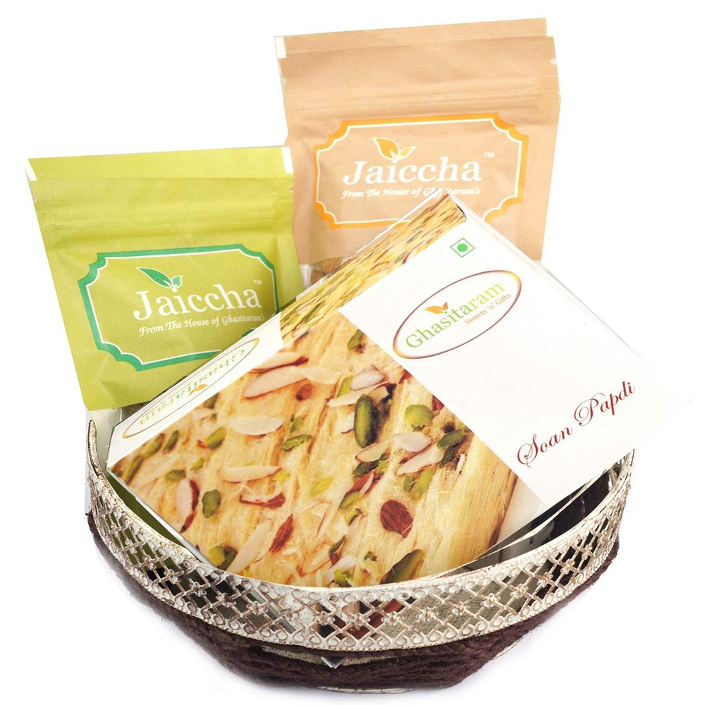 Ghasitaram Gifts Diwali Gifts Round Basket of Almonds, Raisins and Soan Papdi