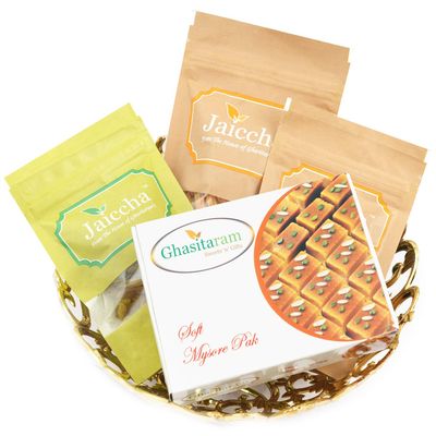 Ghasitaram Gifts Diwali Gifts - Carved Basket of Almonds,Raisins,Butter Chakli and Mysore Pak|Diwali,Holi,Valentine,Christmas,Birthday,Anniversary,Gift for Her,Him,Mothers Day,Fathers Day|