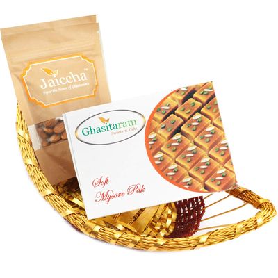 Ghasitaram Gifts Diwali Gifts - Boat Basket of Mysore Pak and Almonds|Diwali,Holi,Rakhi,Valentine,Christmas,Birthday,Anniversary,Gift for Her,Him,Mothers Day,Fathers Day|