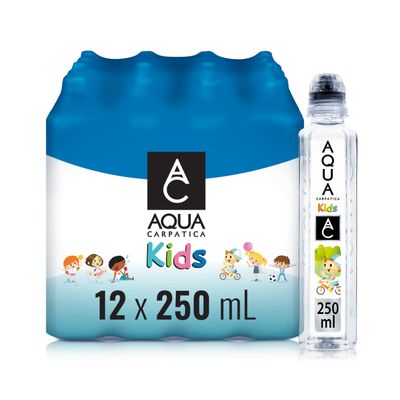 AQUA Carpatica Kids 250mlx12 - Pure Natural Still Mineral Water for Children with Spill-Proof Sippy Cap, Virtually Nitrate-Free, Low Sodium, Naturally Alkaline, Perfect for Lunchboxes, 100% Recyclable