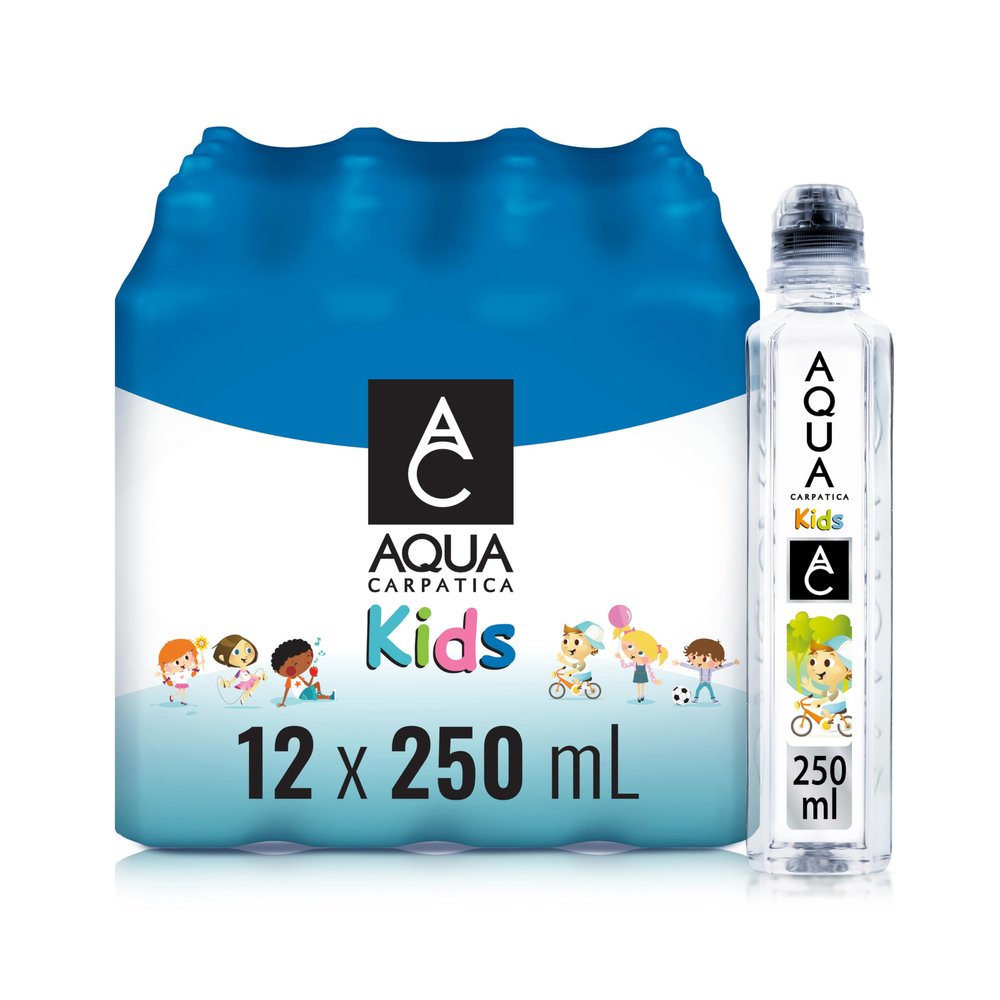 AQUA Carpatica Kids 250mlx12 - Pure Natural Still Mineral Water for Children with Spill-Proof Sippy Cap, Virtually Nitrate-Free, Low Sodium, Naturally Alkaline, Perfect for Lunchboxes, 100% Recyclable