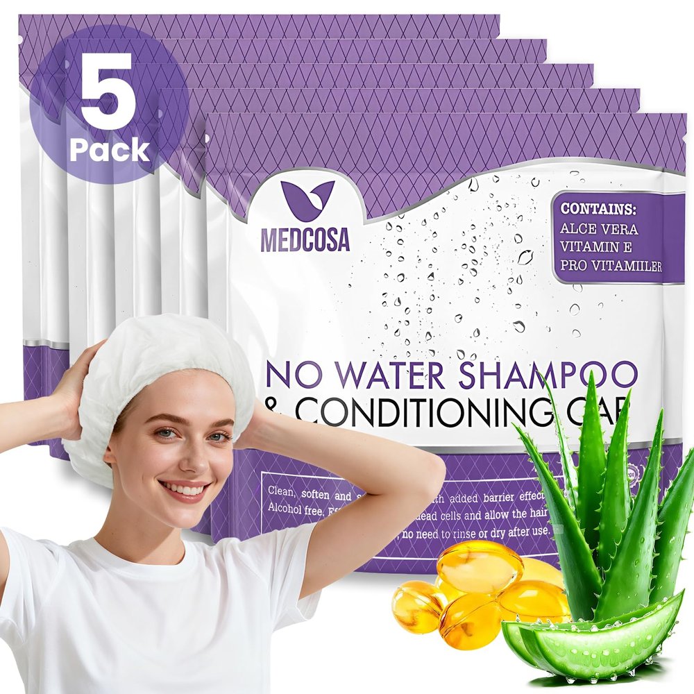 Medcosa No Rinse Shampoo Caps - Waterless Shampoo and Conditioner Hair Wash Cap - Dry Hair Washing Aids with Aloe Vera and Vitamins - Pack of 5 Rinse Free No Water Shower Caps