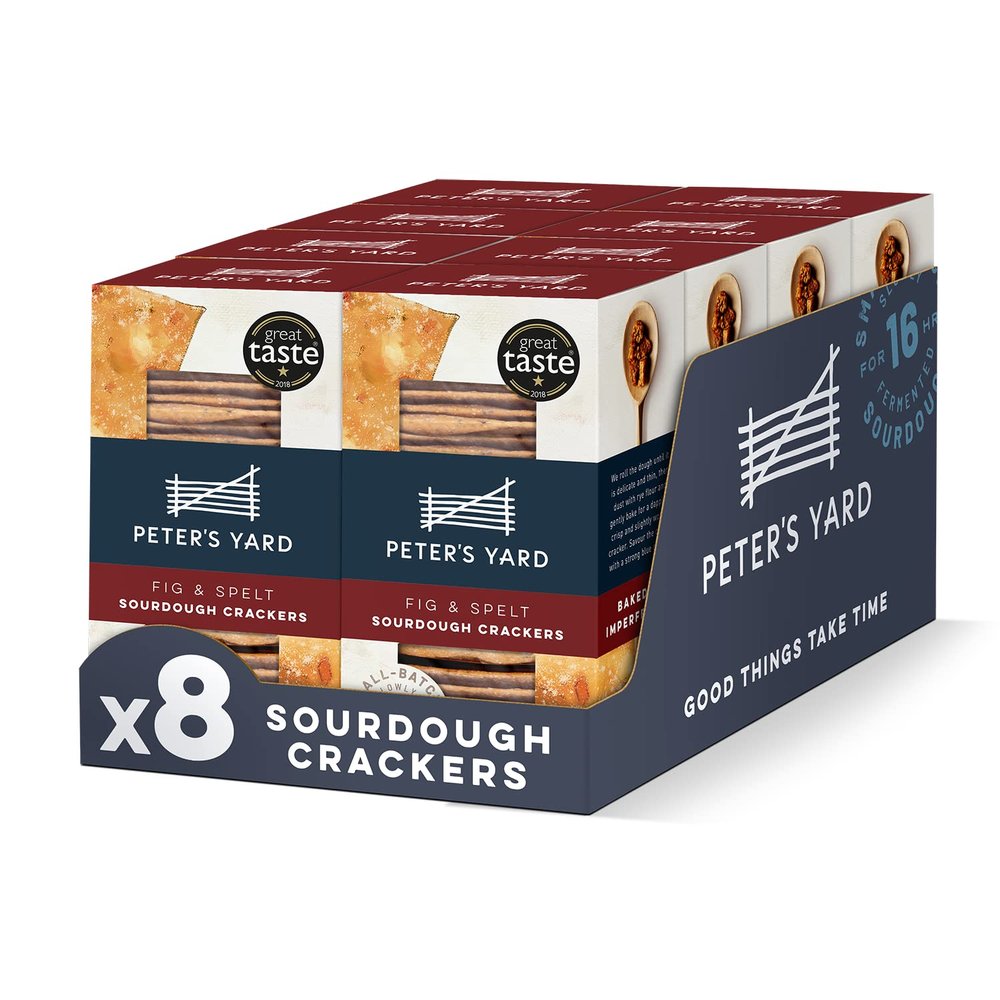 Peter's Yard Sourdough Crackers, Fig and Spelt, Great with Chutney and Cheese, High Fibre, Natural Ingredients, Pack of 8 x 100g Boxes