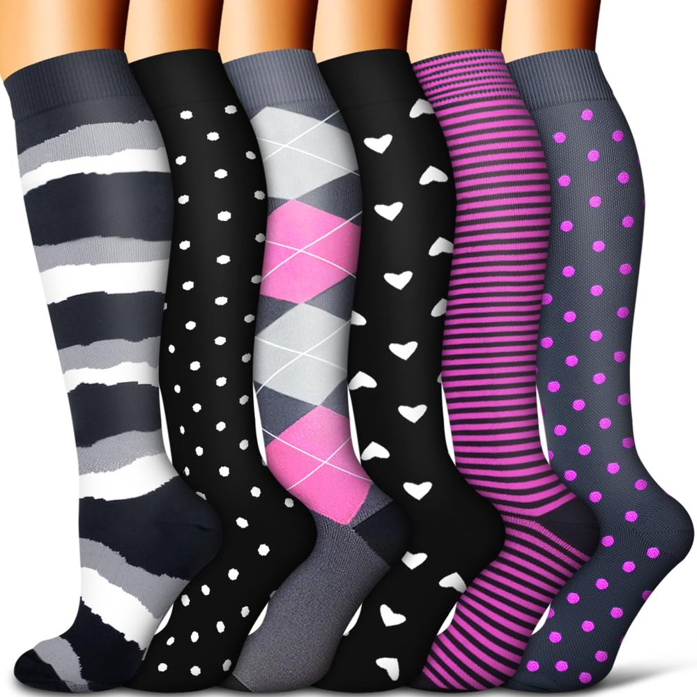 COOLOVER Copper Compression Socks for Women and Men - 6 Pairs(Best Support Running, Athletic, Travel) - Gray/Black/Red, Large-X-Large
