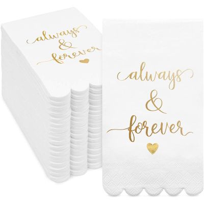 100 Pack White Napkins for Wedding Reception with Gold Foil Scalloped Edges, Always and Forever (3-Ply, 4 x 8 in)