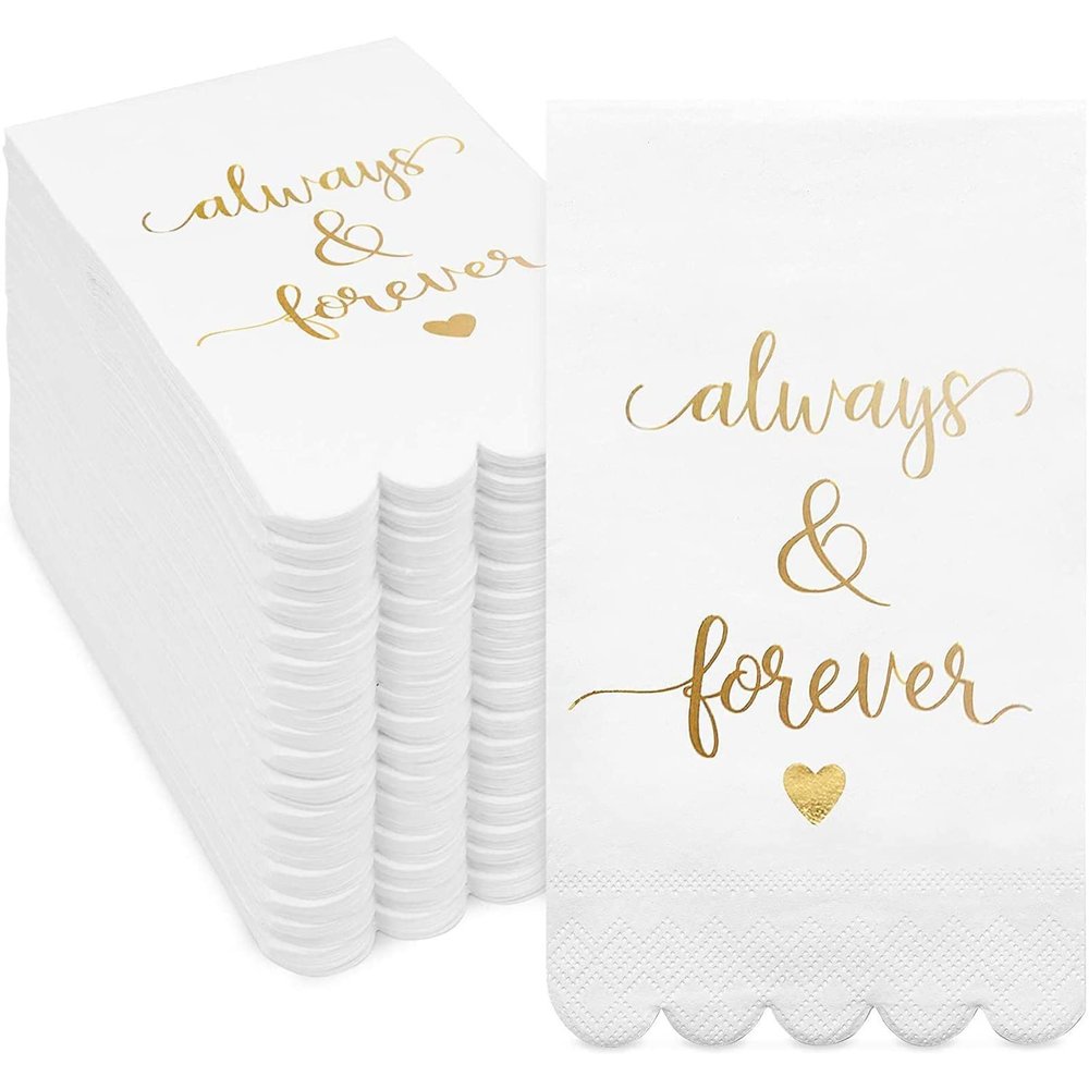 100 Pack White Napkins for Wedding Reception with Gold Foil Scalloped Edges, Always and Forever (3-Ply, 4 x 8 in)